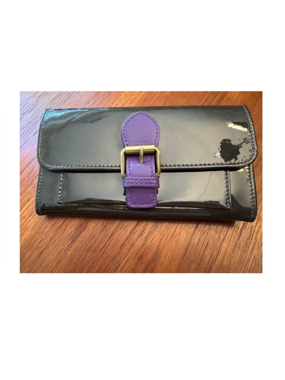 Boden wallet, like new, dark grey patent with purple clasp
